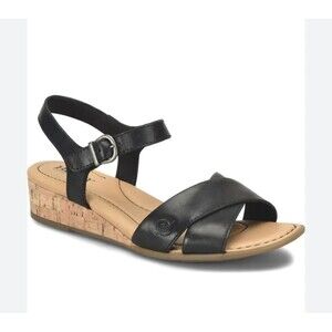 Born Black Leather Cork Wedge Sandals